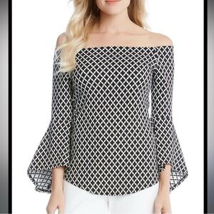 Karen Kane Off the Shoulder Black & White Fitted Diamond Print Top Size Small